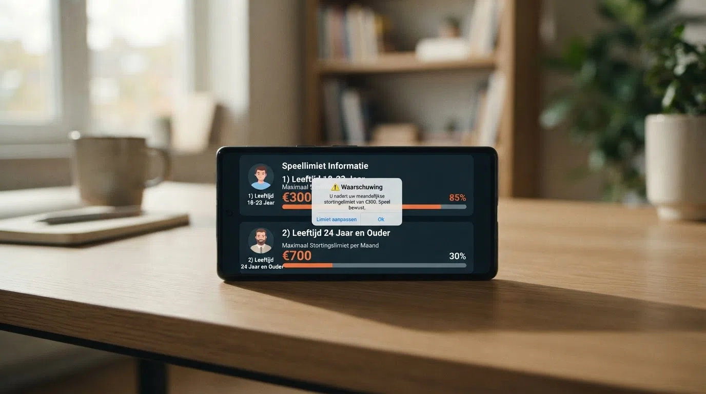 Een overzichtelijke weergave van het Nederlandse stortingslimietstelsel: twee leeftijdsgroepen, twee drempels, met een smartphone die een waarschuwing toont bij het bereiken van de grens.
