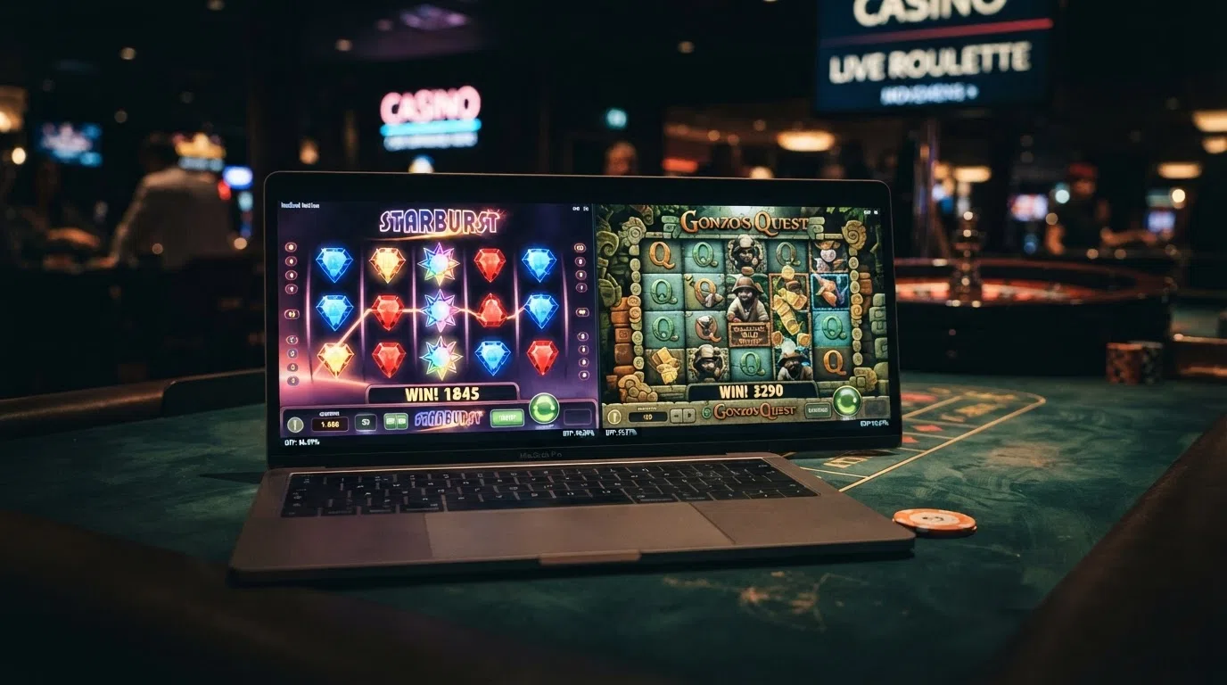 Starburst- en Gonzo's Quest-spelschermen naast elkaar met RTP-cijfers zichtbaar in overlay