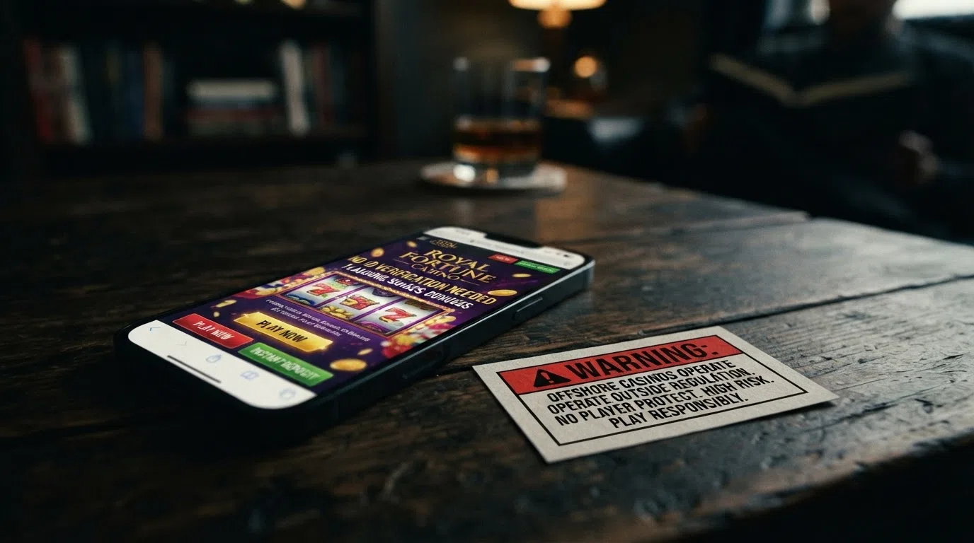 Een waarschuwingsicoon boven een smartphone die een buitenlandse casinosite toont, met het KSA-logo zichtbaar als contrast
