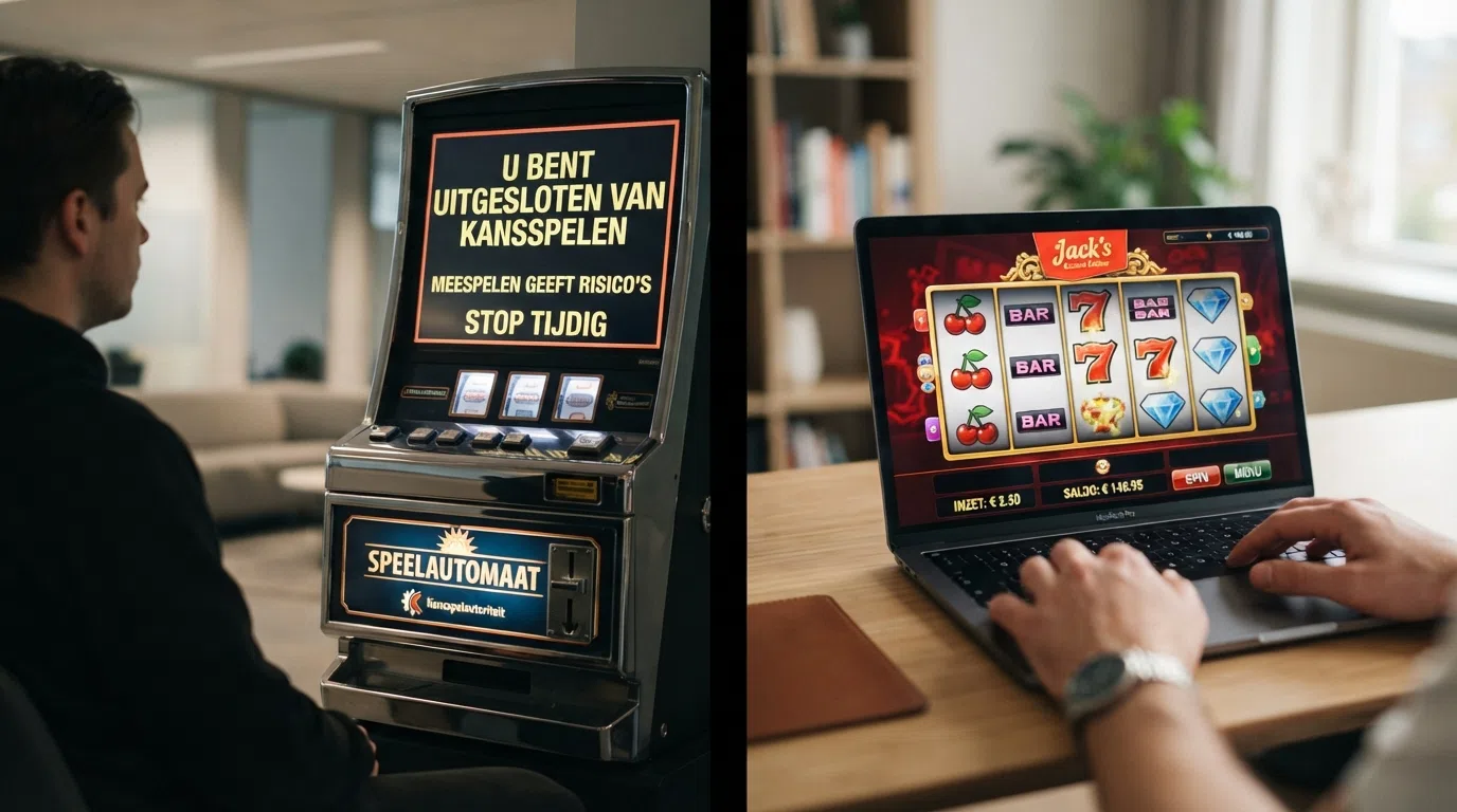 Een split-screen: links een Nederlands slot met het KSA-logo en een CRUKS-melding, rechts een casino-interface zonder keurmerken.
