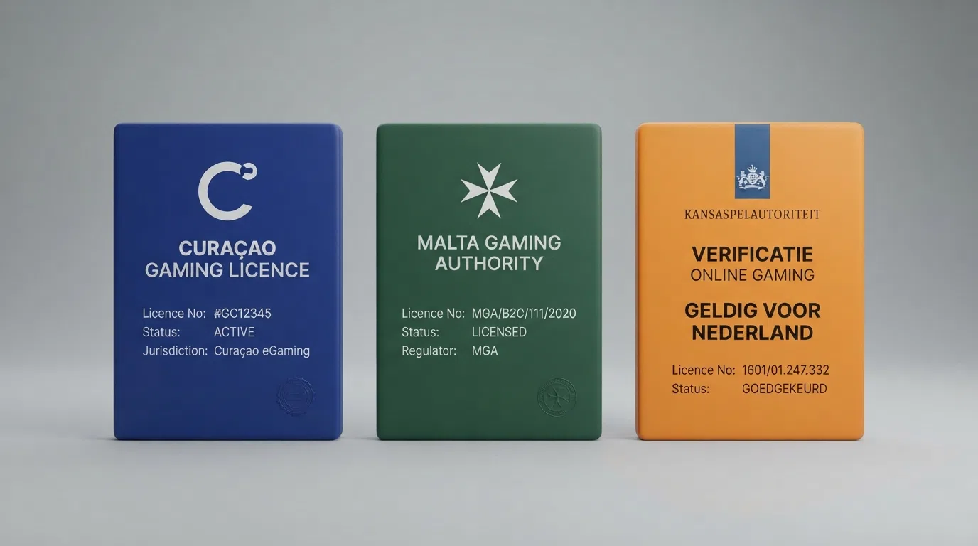 Drie documenten naast elkaar: een Curaçao CGA-akte, een MGA-certificaat en een KSA-vergunningszegel — alleen het KSA-zegel draagt het stempel “geldig voor Nederland”.