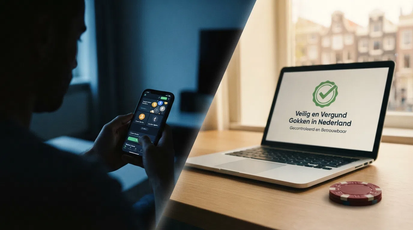Een zij-aan-zij vergelijking in twee kolommen: links “Zonder ID-verificatie” met een anoniem silhouet en crypto-symbolen, rechts “Ksa-vergund” met een groen vinkje en het Ksa-logo, verbonden door contrastlijnen die de verschillen in spelerbescherming uitlichten