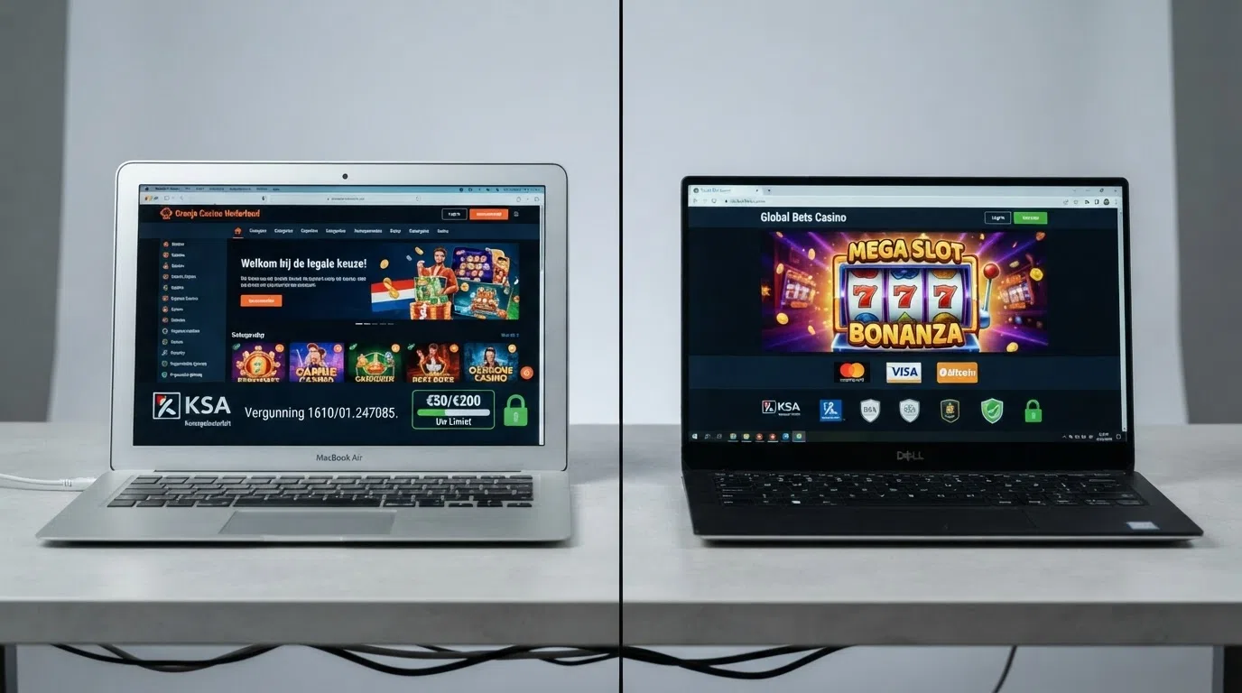 Een gesplitst beeld: links een Nederlandse casino-omgeving met KSA-keurmerk, stortingslimiet-meter en slotje, rechts een anoniem buitenlands casinoscherm zonder keurmerken of limietindicatoren