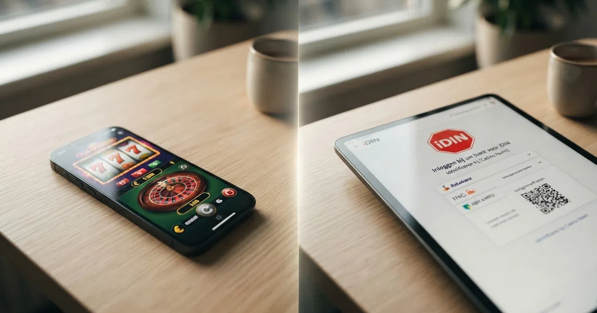 Een split-screen van een smartphone met casino-interface aan de ene kant en een Nederlands iDIN-inlogscherm aan de andere kant, met een rood stopteken ertussen.