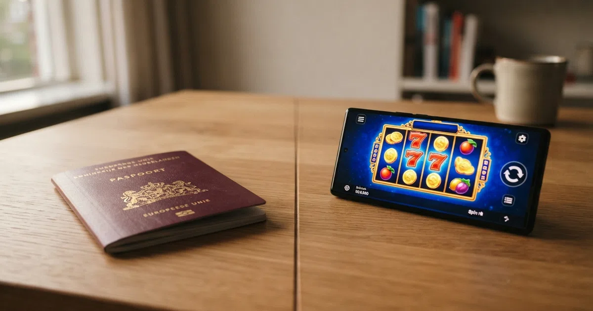 Een Nederlands paspoort en een smartphone met een casinoscherm, naast elkaar op een tafel, met een scheidslijn ertussen die de keuze illustreert: verificatie of niet