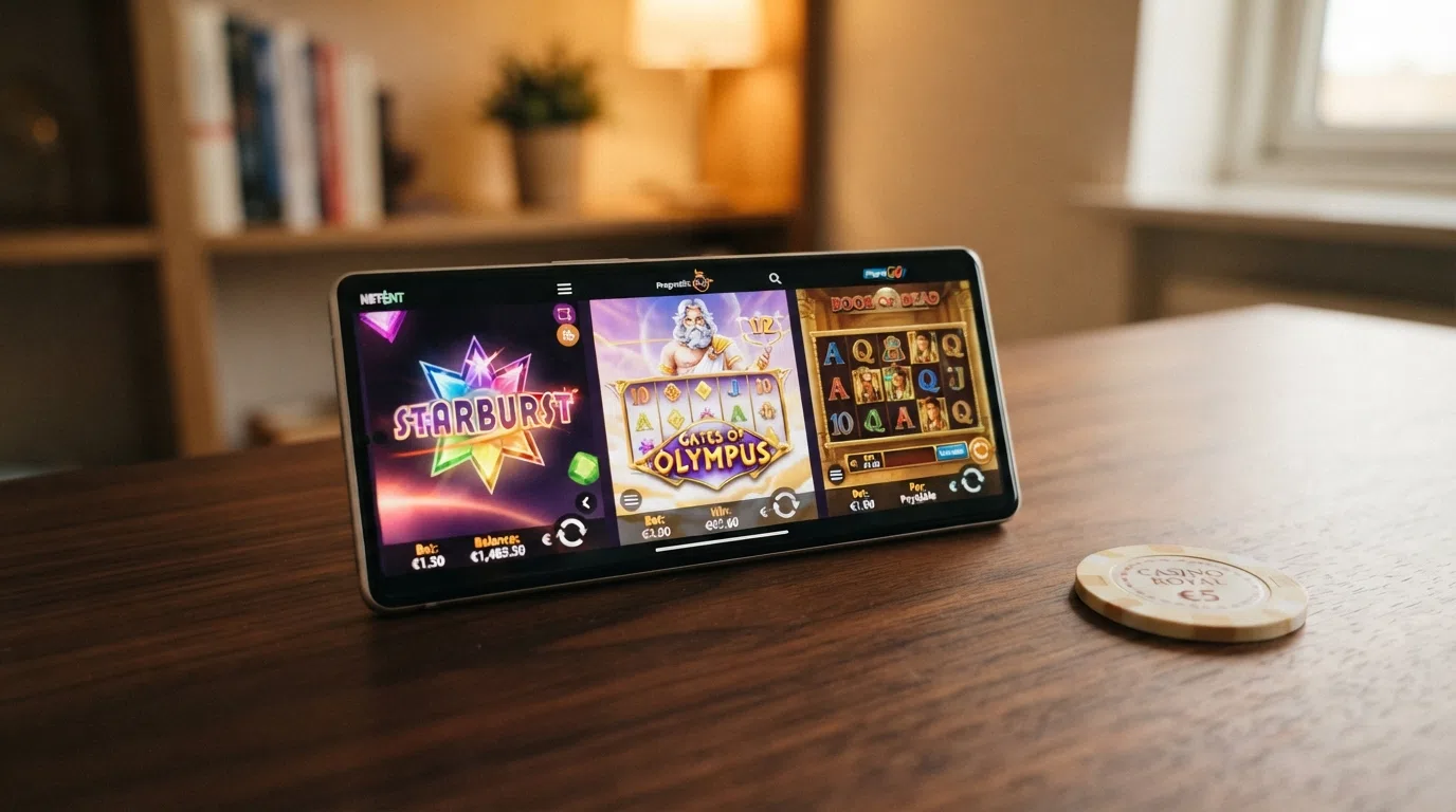 Een kleurrijke selectie online gokkasten op een scherm, met slots van verschillende providers zichtbaar