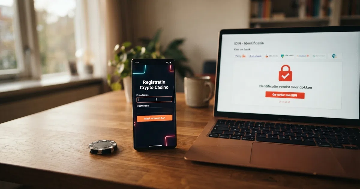 Een splitscreen: links een smartphone met een Nederlands bank-iDIN-verificatiescherm met een rood slot-icoon, rechts een laptopscherm met een anoniem crypto casino-registratieformulier met alleen een e-mailveld