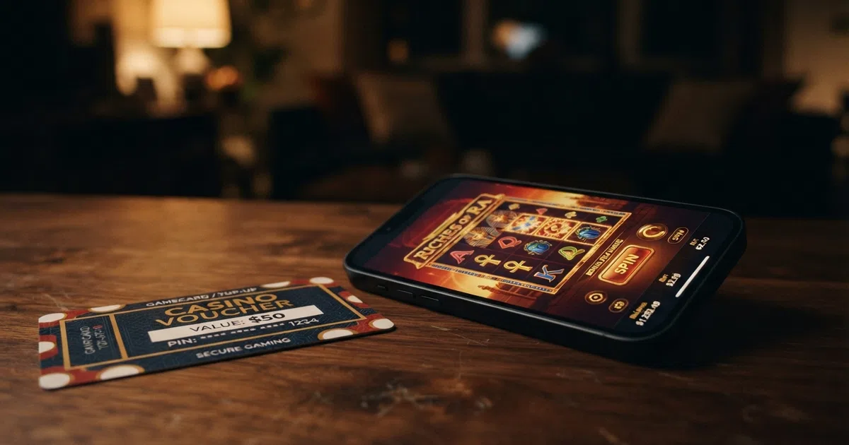 Een Paysafecard-voucher naast een smartphone met een online casino-interface op het scherm, tegen een donkere achtergrond.