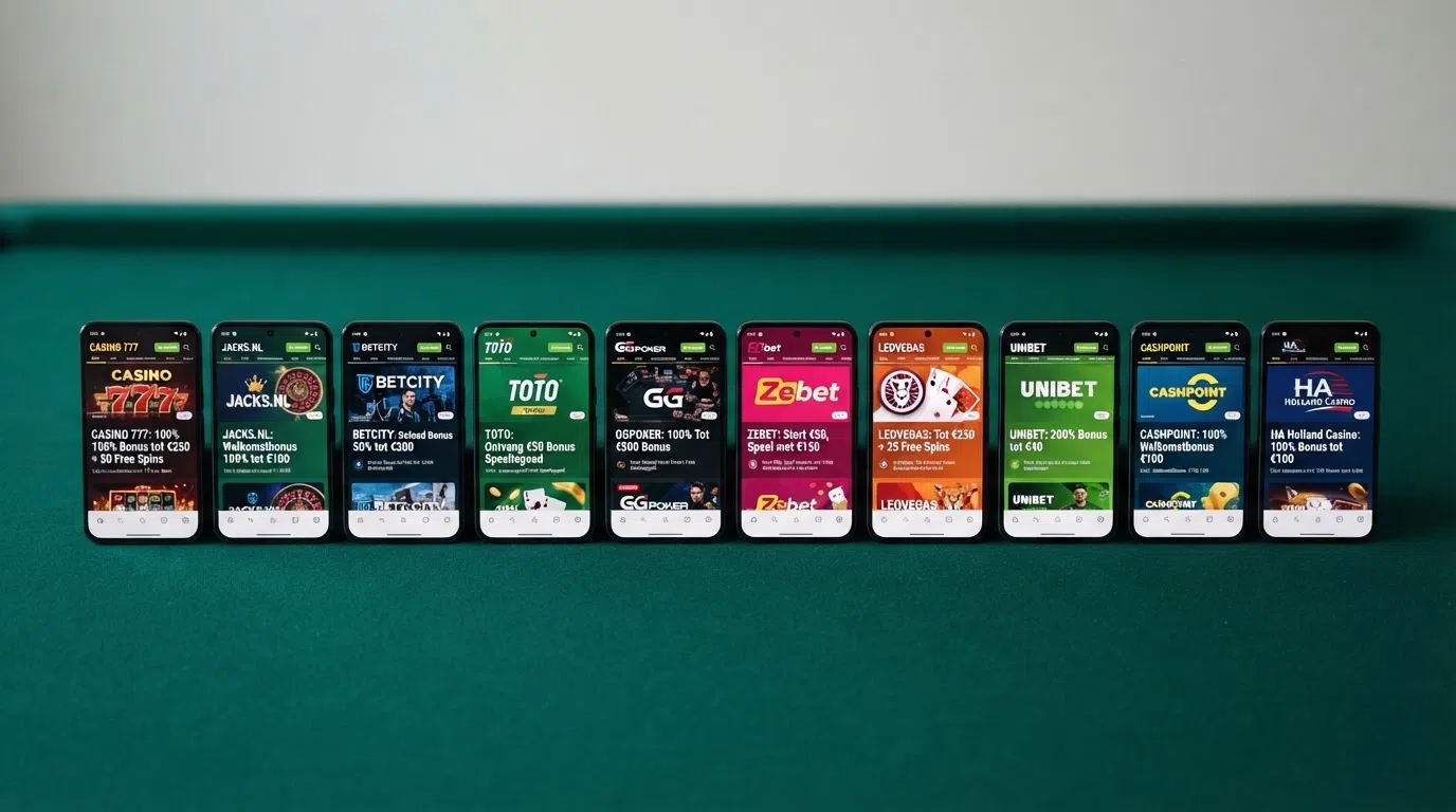 Een rij speeltafels of slots van meerdere Ksa-vergunde online casino's naast elkaar, symbool voor de onderlinge vergelijking.