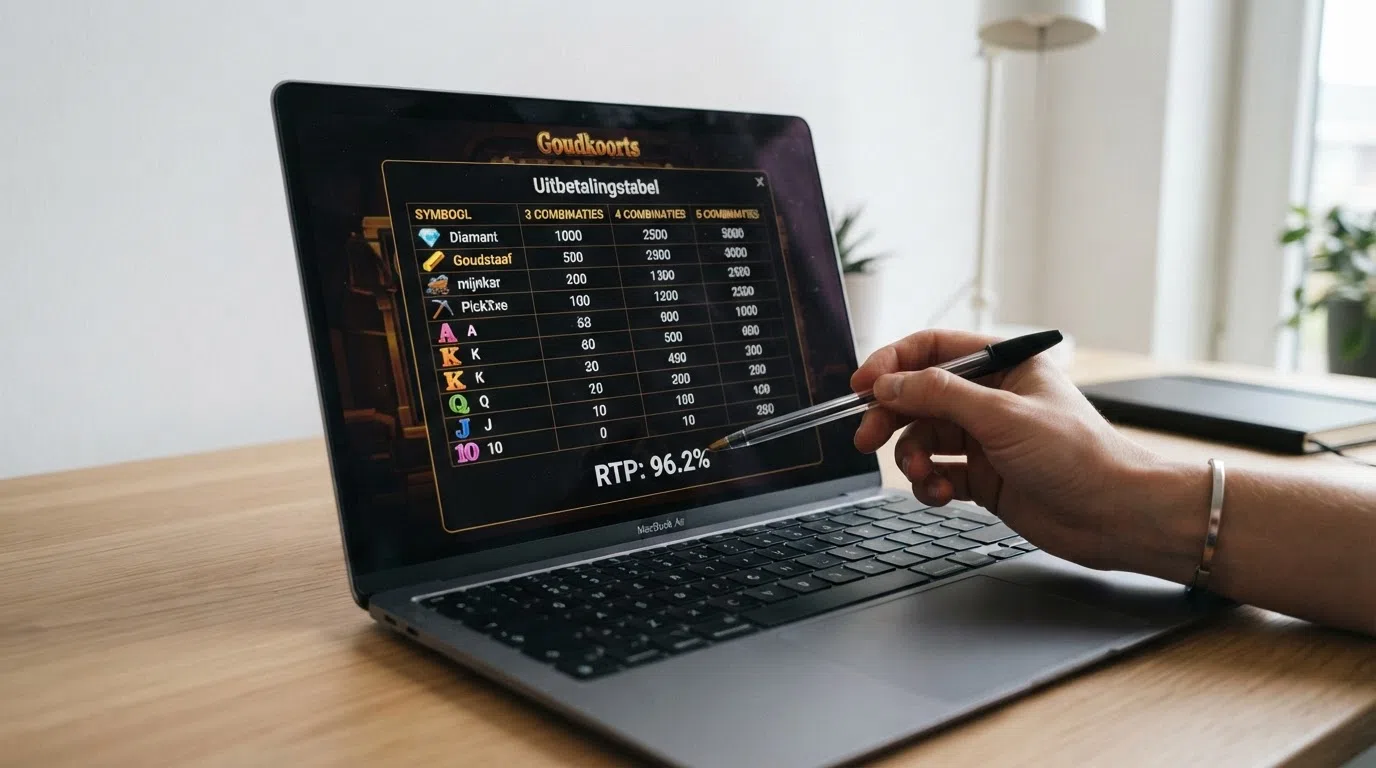 Een close-up van het uitbetalingsschema van een online gokkast met percentages naast de winlijnen