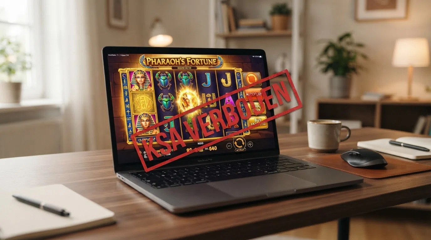 Een close-up van een online gokkast met zichtbare autoplay- en bonus-buy-knoppen, met een rood KSA-stempel ernaast dat deze features doorstreept