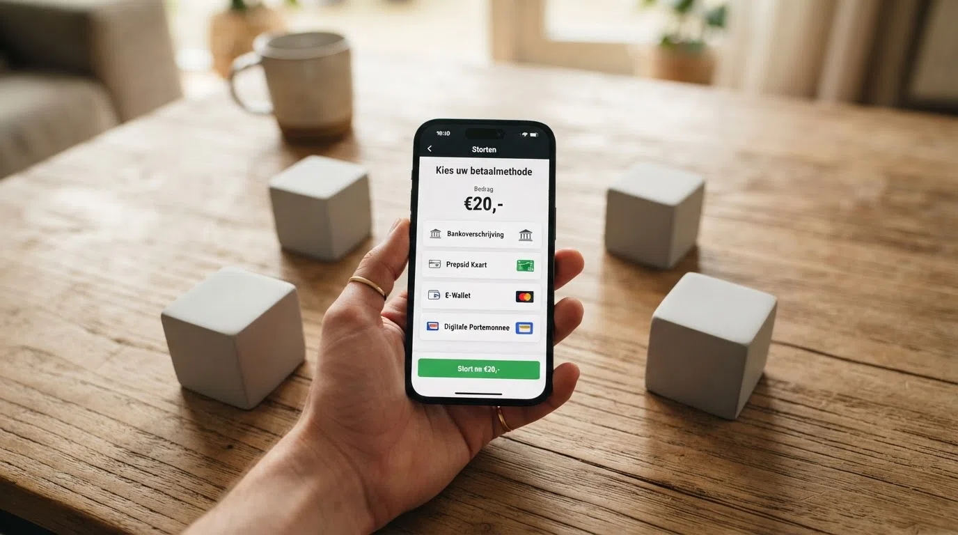 Een rij betaaliconen — iDEAL, paysafecard, Skrill, Neteller — boven een stortingsformulier met €20 ingevuld
