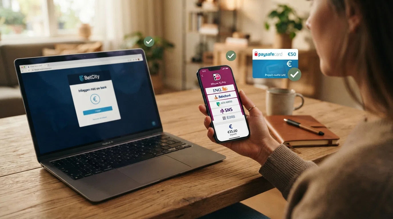 De drie betaaltechnologieën naast elkaar: Trustly's bankkoppeling, iDEAL's vertrouwde bankomgeving en een prepaid Paysafecard — met een iDIN-verificatievinkje dat aangeeft welke wél aan de KOA voldoen.