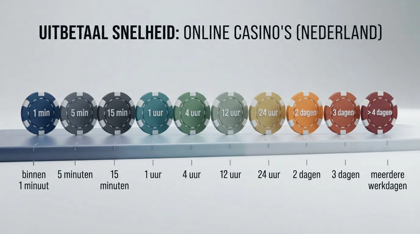 Een visuele tijdlijn van uitbetalingssnelheden — van 'binnen 1 minuut' tot 'meerdere werkdagen' — met casino-logo's op de bijbehorende positie