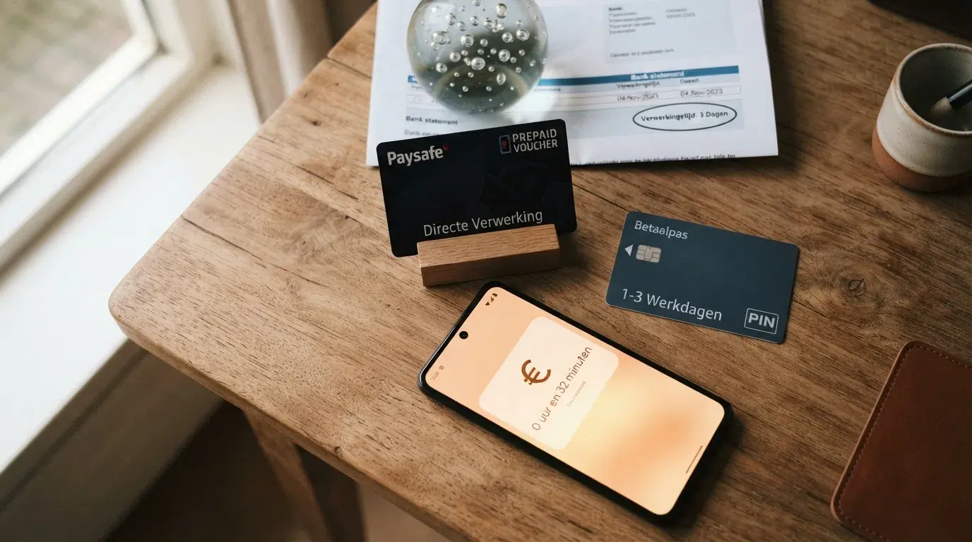 Een tijdlijn van links naar rechts: crypto (0–2 uur), e-wallets (binnen 24 uur), bankoverschrijving (2–5 dagen), met bij elke stap een icoon van de betaalmethode