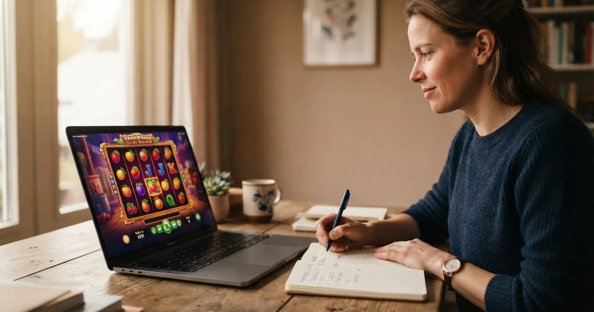 Een Nederlandse speler zit aan een bureau met een laptop waarop een casino-interface zichtbaar is, met daarnaast een notitieblok waarop een maandbudget en een tijdslimiet genoteerd staan