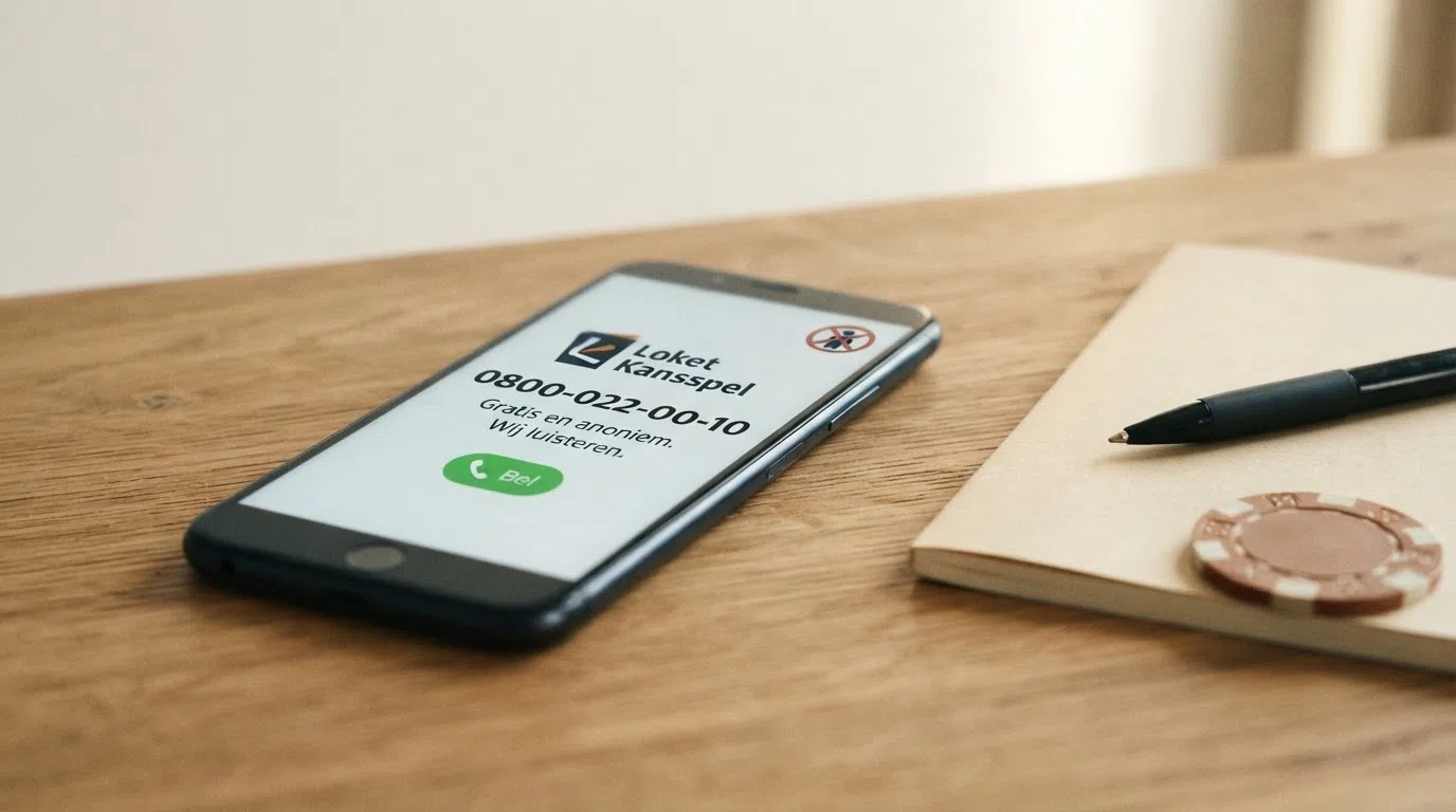 Het telefoonnummer van Loket Kansspel en het Cruks-logo op een smartphone-scherm met een groene belknop