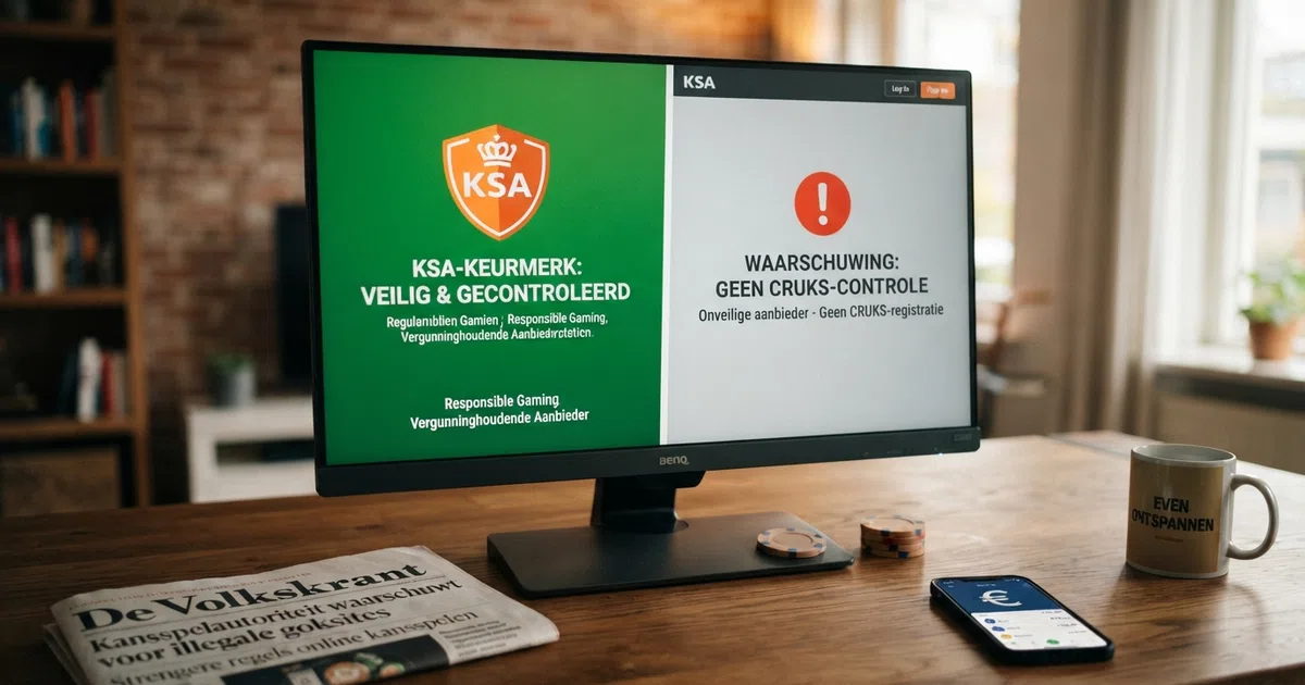 Een splitscreen met links het KSA-logo op een groene achtergrond en rechts een grijs waarschuwingsteken boven een scherm met de tekst “geen Cruks-controle”